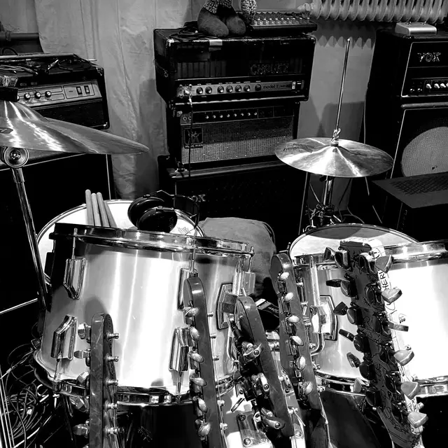 Studio interior with instruments and outboard gear